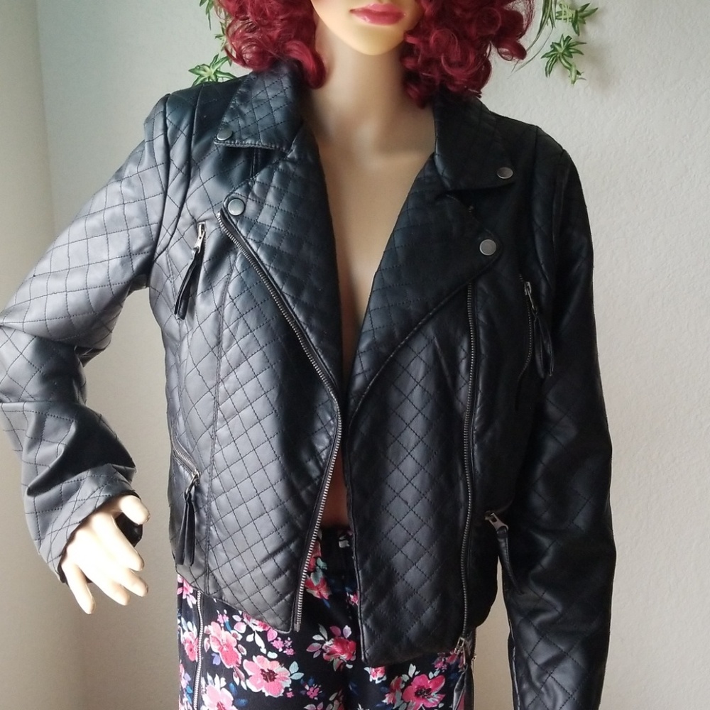 Faux Black Leather Quilted Jacket